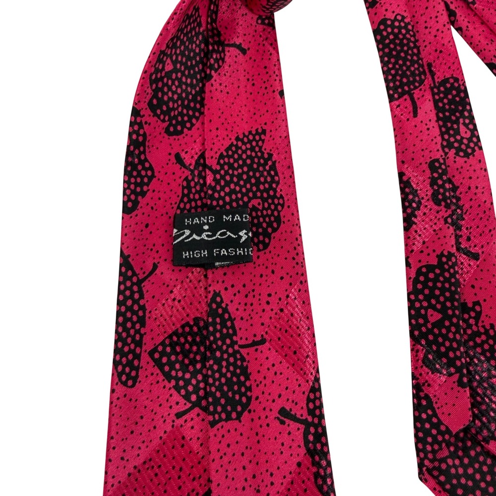 Vintage Picasso High Fashion 100% Silk Tie Pink Black Polka Dot Floral Leaf 61" - Picture 4 of 4